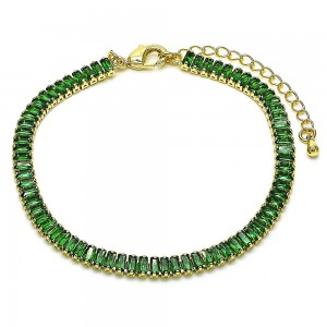 Gold Finish Tennis Bracelet Baguette Design with Green Cubic Zirconia Polished Golden Tone
