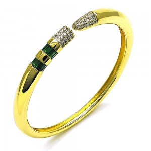 Gold Finish Individual Bangle with Green Cubic Zirconia and White Micro Pave Polished Golden Tone