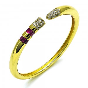 Gold Finish Individual Bangle with Ruby Cubic Zirconia and White Micro Pave Polished Golden Tone
