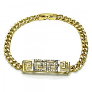 Gold Finish Fancy Bracelet Greek Key and Miami Cuban Design with White Micro Pave Polished Golden Tone