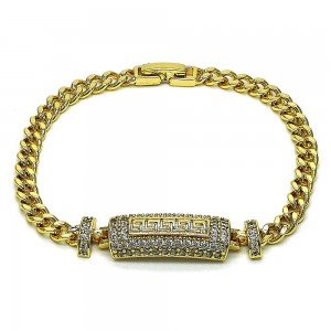 Gold Finish Fancy Bracelet Greek Key and Miami Cuban Design with White Cubic Zirconia Polished Golden Tone