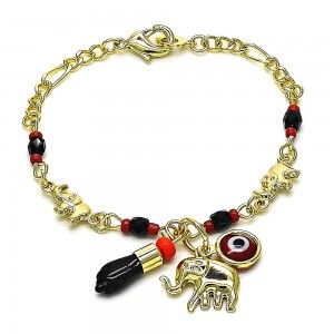 Gold Filled Baby Charm Bracelet Elephant and Evil Eye with Garnet Crystal Polished Golden Finish 3 MM Thickness 6 Inches Length
