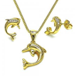 Gold Finish Earring and Pendant Set Dolphin Design Polished Golden Tone