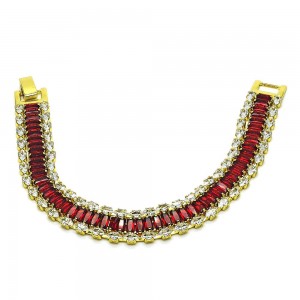 Gold Finish Tennis Bracelet Baguette Design with Garnet and White Cubic Zirconia Polished Golden Tone