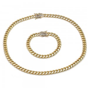 Gold Finish Necklace and Bracelet Miami Cuban Design with White Micro Pave Polished Golden Tone