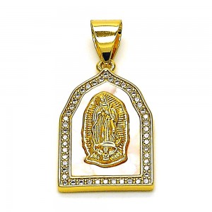 Gold Filled Religious Pendant Guadalupe Design with Ivory Mother of Pearl and White Micro Pave Polished Golden Finish