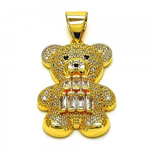 Gold Filled Fancy Pendant Teddy Bear and Baguette Design with White Cubic Zirconia and White Micro Pave Polished Golden Finish