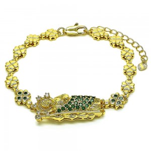Gold Finish Solid Bracelet San Judas and Four-leaf Clover Design with Green and White Cubic Zirconia Polished Golden Tone