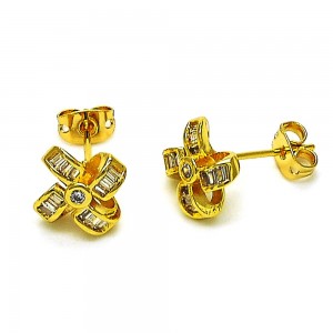 Gold Finish Stud Earring with White Cubic Zirconia Polished Golden Tone