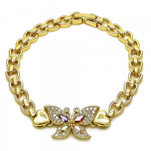 Gold Filled Fancy Bracelet Butterfly and Heart Design with Multicolor Cubic Zirconia and White Micro Pave Polished Golden Finish