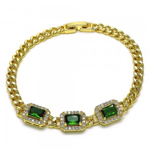 Gold Filled Fancy Bracelet Miami Cuban Design with Green Cubic Zirconia and White Micro Pave Polished Golden Finish