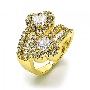 Gold Filled Multi Stone Ring Heart and Baguette Design with White Cubic Zirconia and White Micro Pave Polished Golden Finish One size fits all