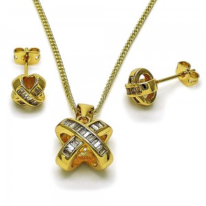 Gold Filled Earring and Pendant Set Baguette and Love Knot Design with White Cubic Zirconia Polished