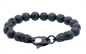 Men's Genuine Lava Stone Black Plated Stainless Steel Beaded Bracelet With Black Cubic Zirconia