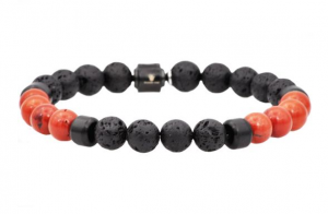 Men's Genuine Lava Stone And Red Fossil Black Plated Stainless Steel Beaded Bracelet