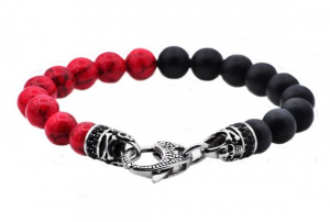Men's Genuine Onyx And Red Fossil Stone Stainless Steel Beaded Bracelet With Cubic Zirconia