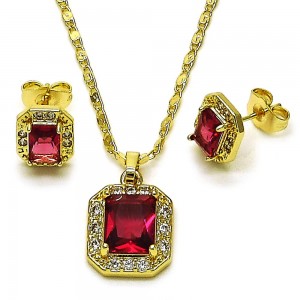 Gold Filled Earring and Pendant Set Cluster Design with Red Cubic Zirconia and White Micro Pave Polished