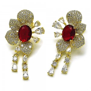 Gold Filled Drop Earrings Cluster and Flower Design with Garnet and White Cubic Zirconia Polished