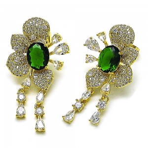 Gold Filled Drop Earrings Cluster and Flower Design with Emerald and White Cubic Zirconia Polished