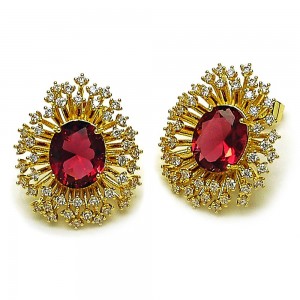 Gold Filled Stud Earrings Cluster and Flower Design with Garnet and White Cubic Zirconia Polished