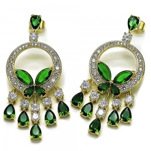 Gold Filled Drop Earrings Butterfly Design with Emerald and White Cubic Zirconia Polished