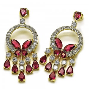 Gold Filled Drop Earrings Butterfly Design with Garnet and White Cubic Zirconia Polished