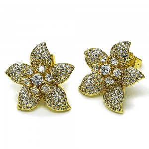 Gold Filled Stud Earrings Cluster and Flower Design with White Cubic Zirconia Polished