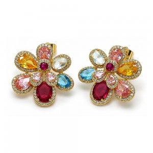 Gold Filled Stud Earrings Flower and Teardrop Design with Multicolor Cubic Zirconia and White Micro Pave Polished