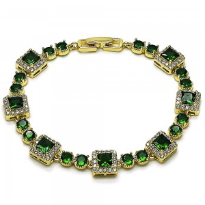 Gold Filled Tennis Bracelet Cluster Design with Green and White Cubic Zirconia Polished Golden Finish