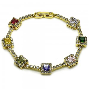 Gold Filled Tennis Bracelet Cluster Design with Multicolor and White Cubic Zirconia Polished Golden Finish 8 Inches Length