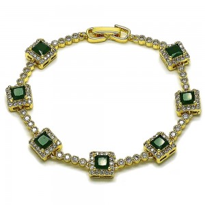 Gold Filled Tennis Bracelet Cluster Design with Green and White Cubic Zirconia Polished Golden Finish 8 Inches Length
