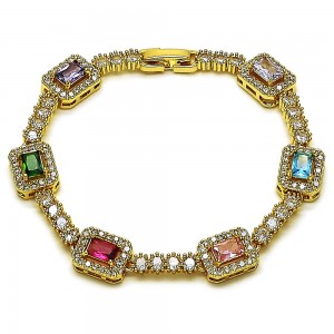 Gold Filled Tennis Bracelet Cluster Design with Multicolor and White Cubic Zirconia Polished Golden Finish 8 Inches Length
