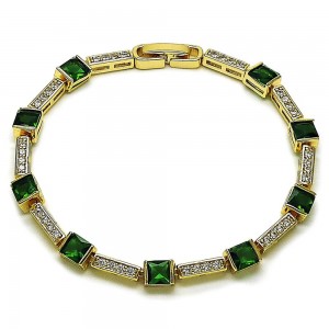 Gold Filled Tennis Bracelet with Green and White Cubic Zirconia Polished Golden Finish 8 Inches Length