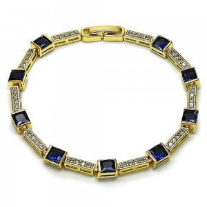 Gold Filled Tennis Bracelet with Sapphire Blue and White Cubic Zirconia Polished Golden Finish 8 Inches Length