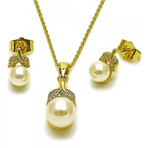 Gold Filled Earring and Pendant Set Leaf and Ball Design with Ivory Pearl and White Cubic Zirconia Polished Golden Finish