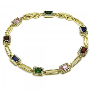 Gold Filled Tennis Bracelet Cluster Design with White and Multicolor Cubic Zirconia Polished Golden Finish 8 Inches Length