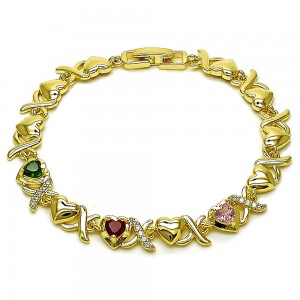 Gold Filled Fancy Bracelet Hugs and Kisses and Heart Design with Multicolor and White Cubic Zirconia, Polished Golden Finish 8 Inches Length