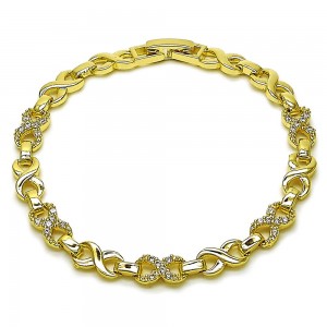 Gold Filled Fancy Bracelet Infinity Design with White Cubic Zirconia Polished Golden Finish 8 Inches Length