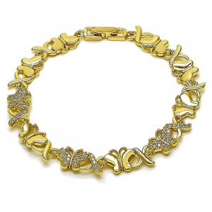 Gold Filled Fancy Bracelet Hugs and Kisses and Butterfly Design with White Cubic Zirconia Polished Golden Finish 8 Inches Length