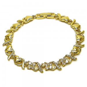 Gold Filled Fancy Bracelet  Hugs and Kisses and Heart Design with White Cubic Zirconia Polished Golden Finish 8 MM Thickness 8 Inches Length