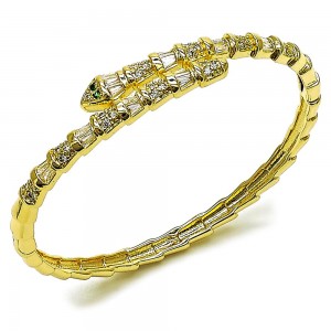 Gold Filled Bangle Snake and Baguette Design with White Cubic Zirconia and White Micro Pave Polished Golden Finish Size 4 2.25 Diameter