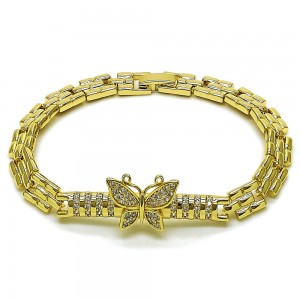 Gold Filled Fancy Bracelet Butterfly Baguette Design with White Cubic Zirconia Polished Golden Finish 7 Inches Length