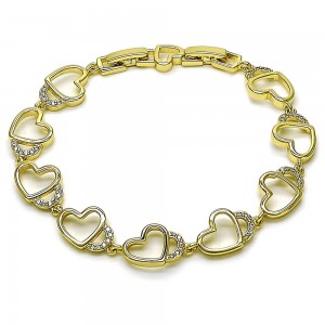 Gold Filled Tennis Bracelet Heart Design with White Cubic Zirconia Polished Golden Finish 10 MM Thickness 8 Inches Length