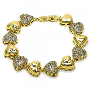 Gold Filled Tennis Bracelet Heart Design with White Cubic Zirconia Polished Golden Finish 8 MM Thickness 8 Inches Length
