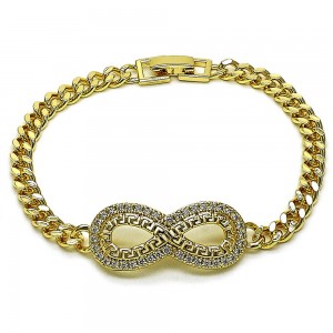 Gold Filled Infinity Style and Greek Key Design Fancy Bracelet  with White Cubic Zirconia Polished Golden Finish 8mm Thickness 8 Inches Length