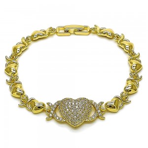 Gold Filled Fancy Bracelet Heart and Hugs and Kisses Design with White Cubic Zirconia Polished Golden Finish 7 Inches Length