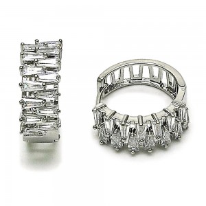 Gold Filled Huggie Hoop Baguette Design with White Cubic Zirconia Polished Rhodium Finish