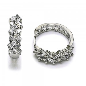 Gold Filled Rhodium Huggie Hoop Baguette Design with White Cubic Zirconia Polished Rhodium Finish