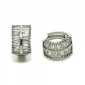 Gold Filled Huggie Hoop Baguette Design with White Cubic Zirconia Polished Rhodium Finish