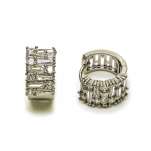 Gold Filled Huggie Hoop Baguette Design with White Cubic Zirconia Polished Rhodium Finish